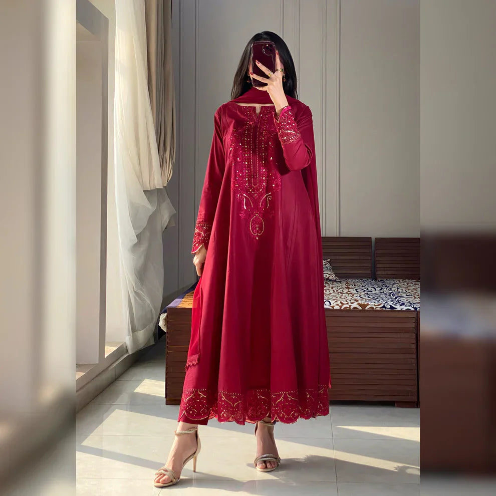 Naina Scarlet Maroon Embroidered Frock Set