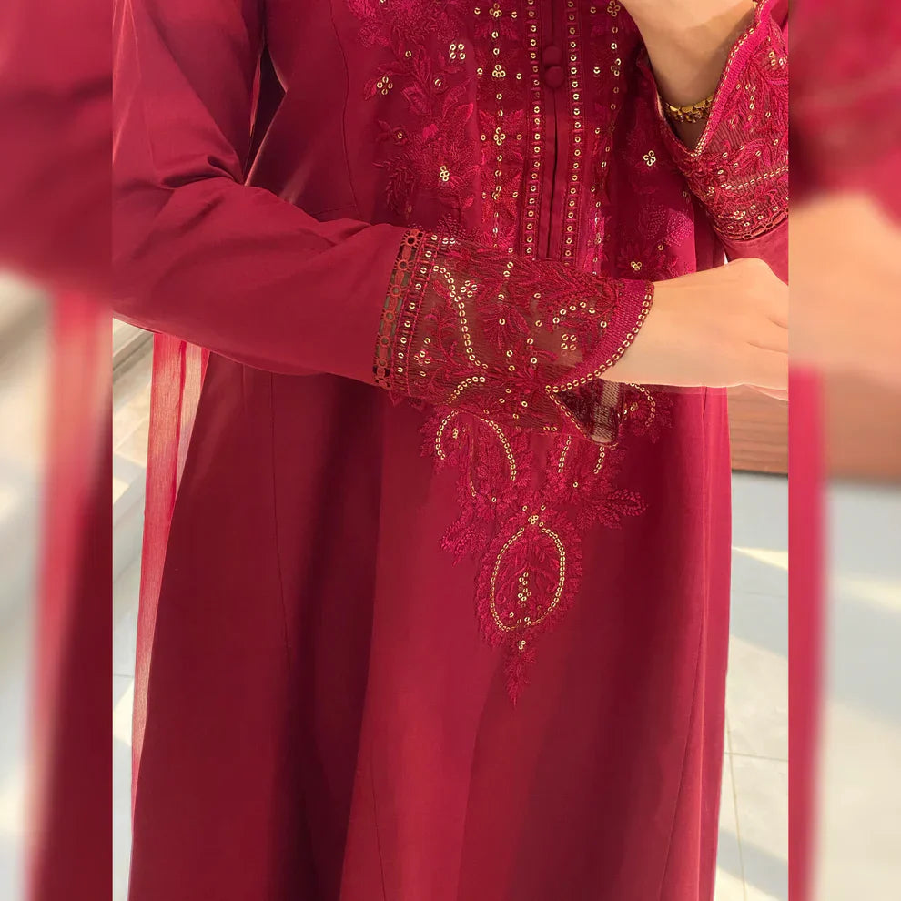 Naina Scarlet Maroon Embroidered Frock Set