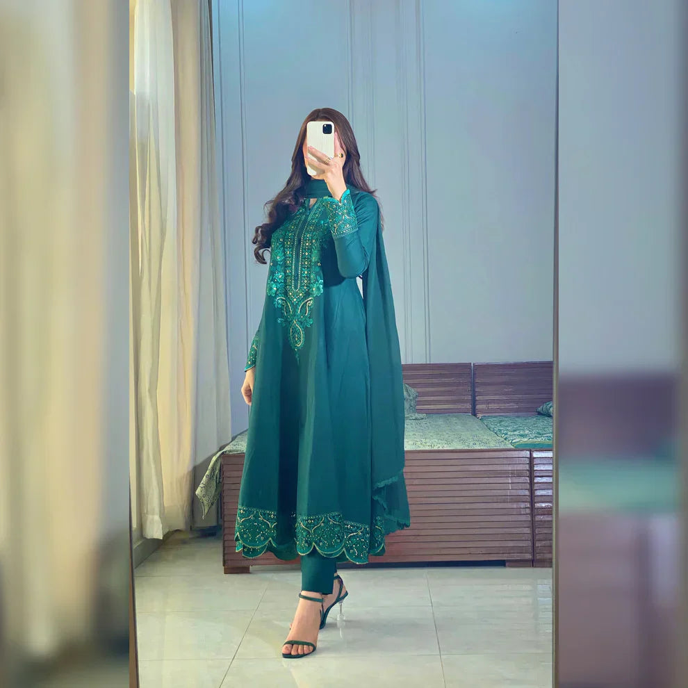 Iravati Morni Green Embroidered Frock Set