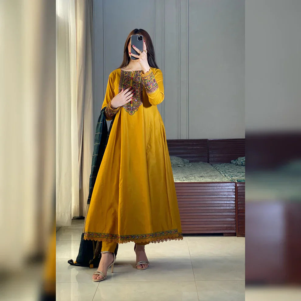 Jasleen Mustard Embroidered Frock Set