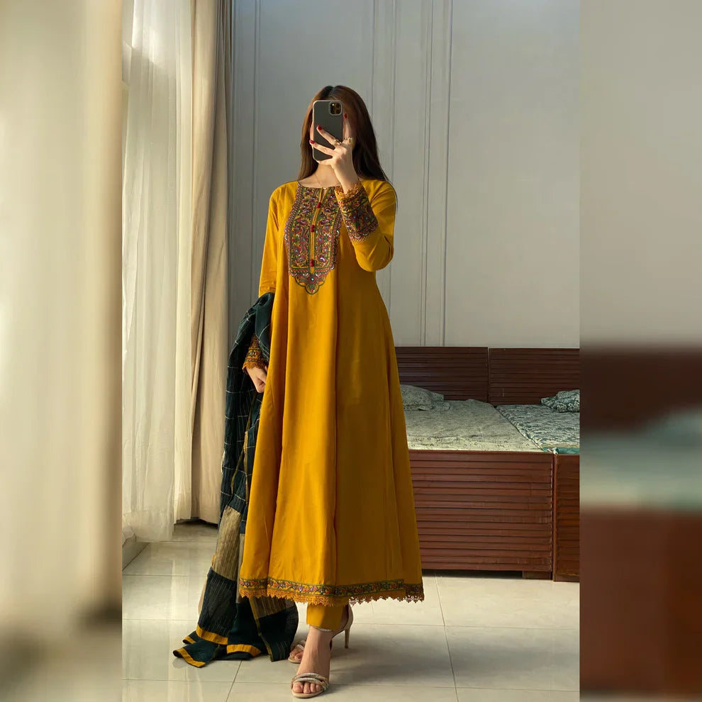 Jasleen Mustard Embroidered Frock Set