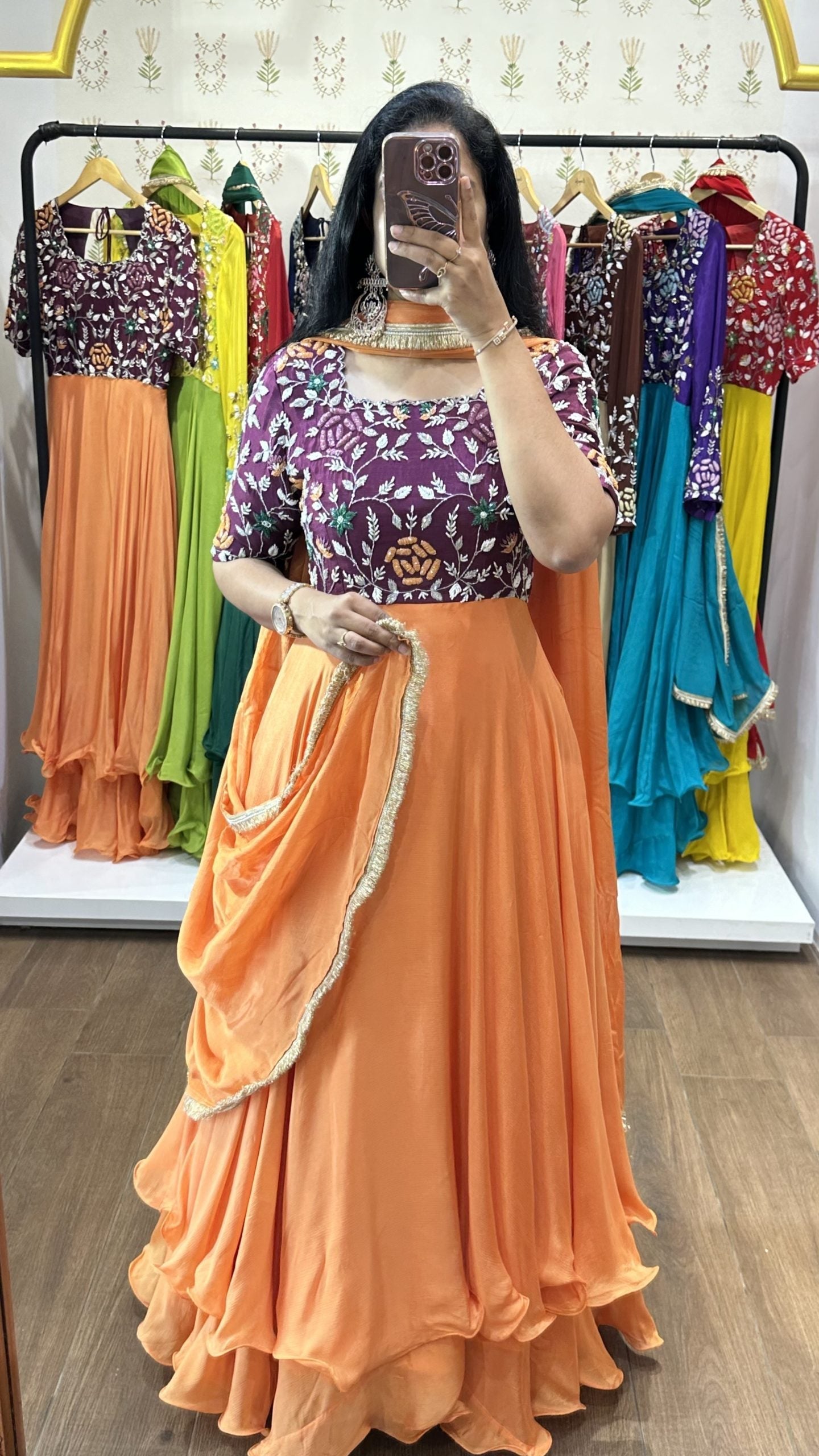 Pallavi Wine Orange Printed Suit Set