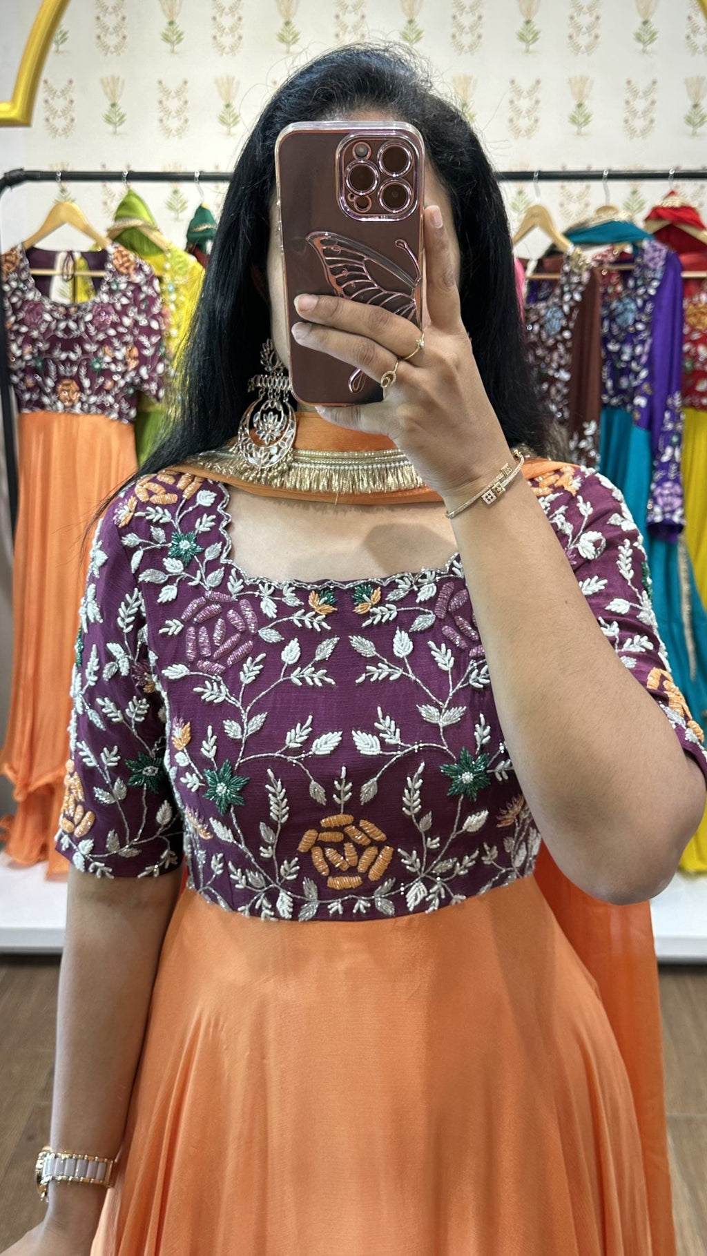 Pallavi Wine Orange Printed Suit Set