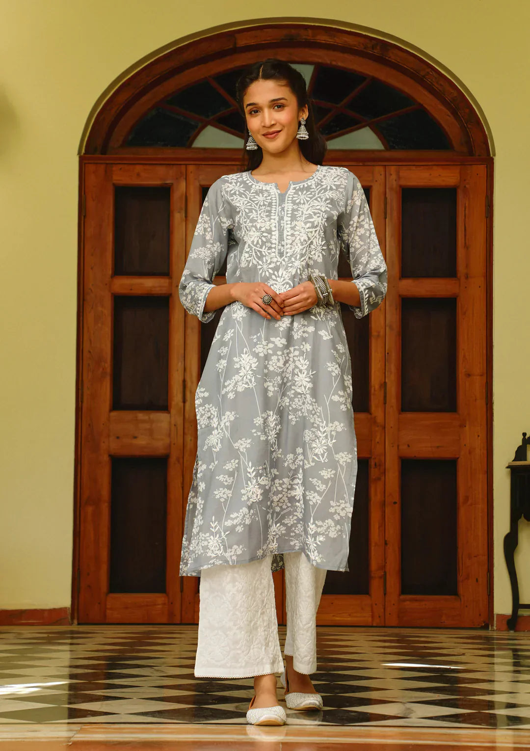 Alya Grey Mulmul Printed Kurta
