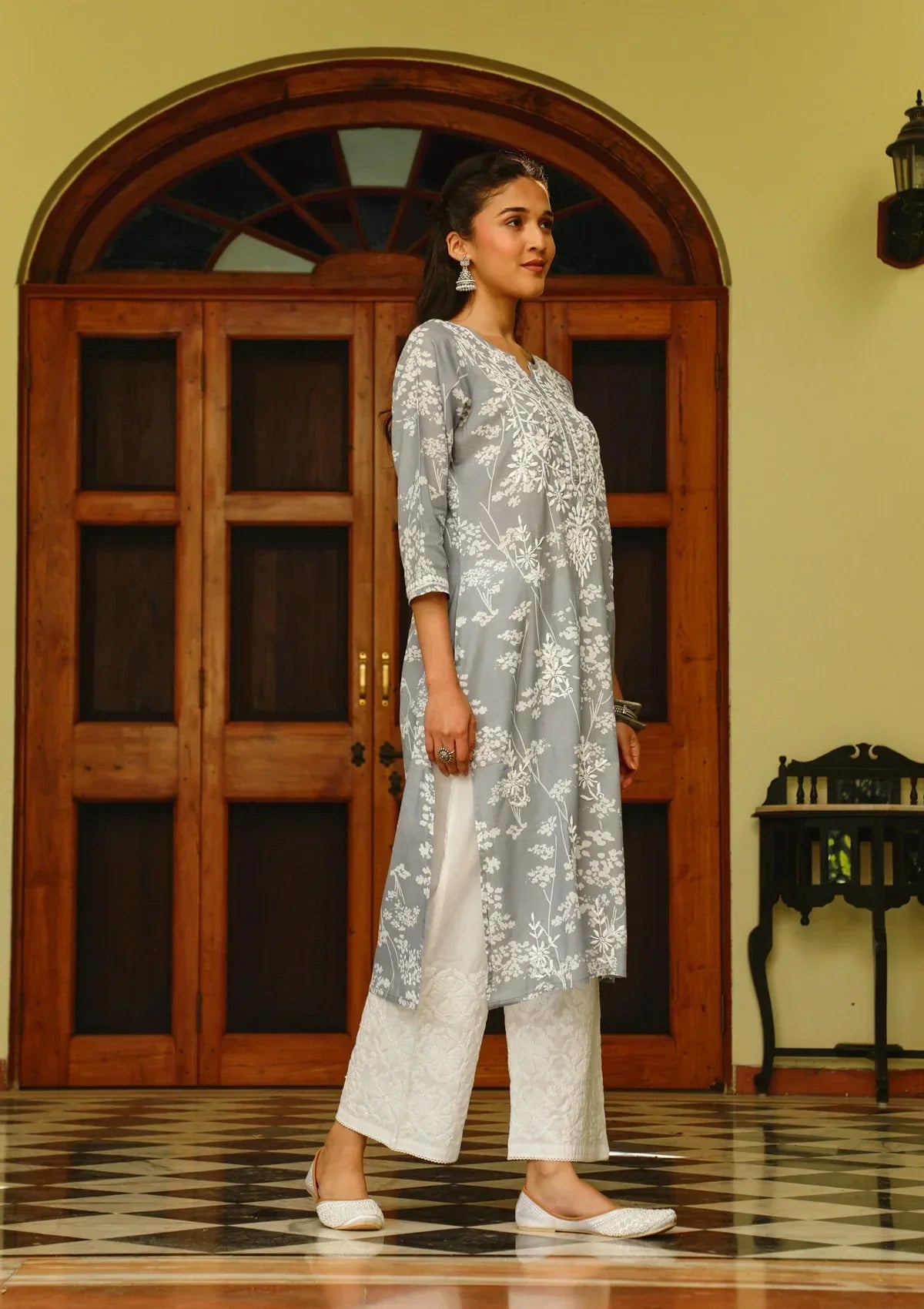 Alya Grey Mulmul Printed Kurta