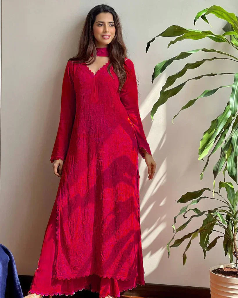 Bhavika Red Georgette Chikankari Kurta Palazzo Set