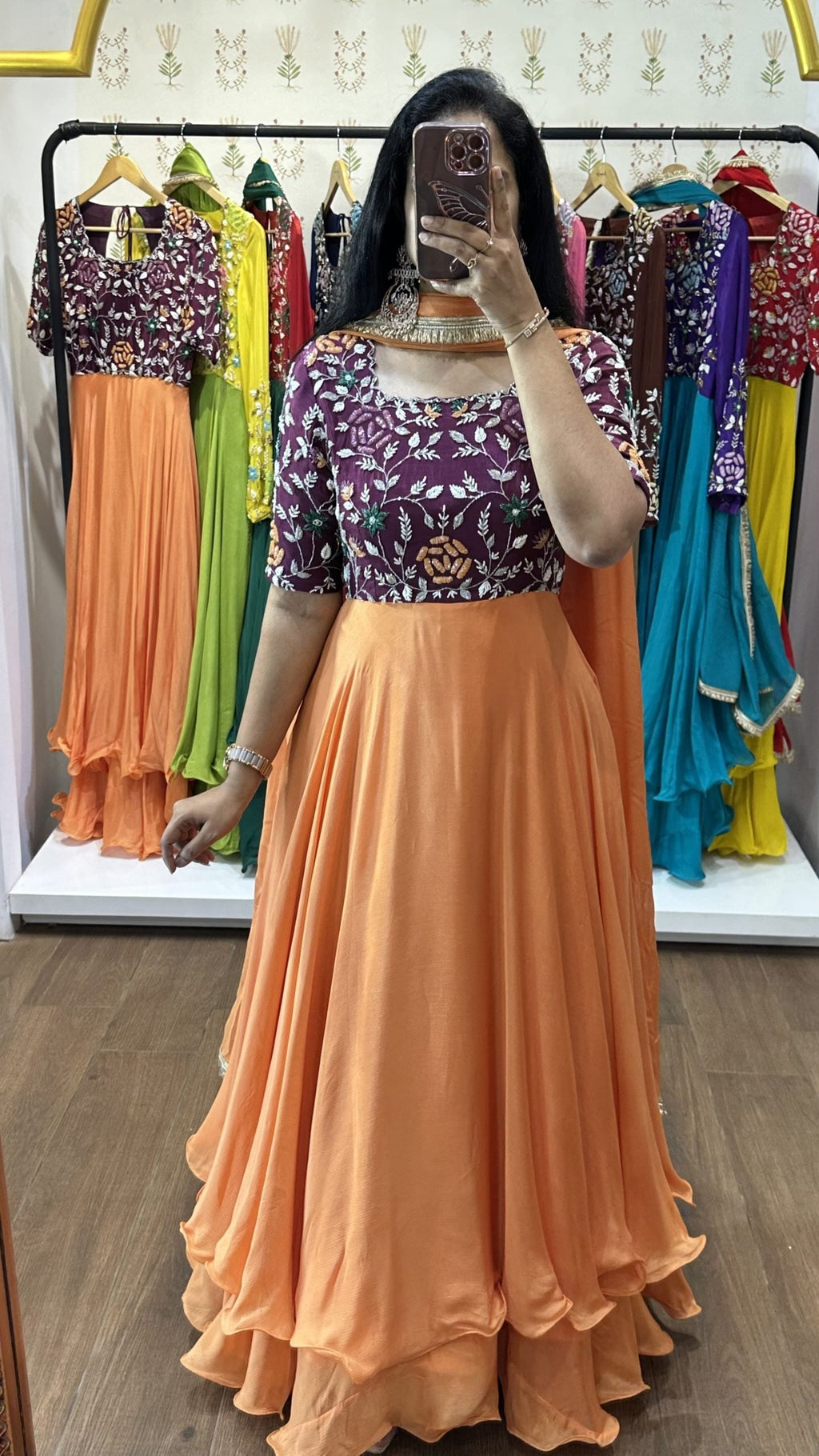 Pallavi Wine Orange Printed Suit Set