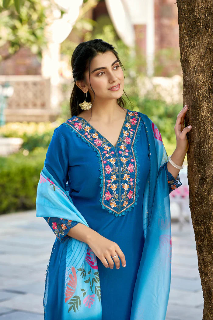 Anaya Teal Blue Embroidered Straight Kurta Set