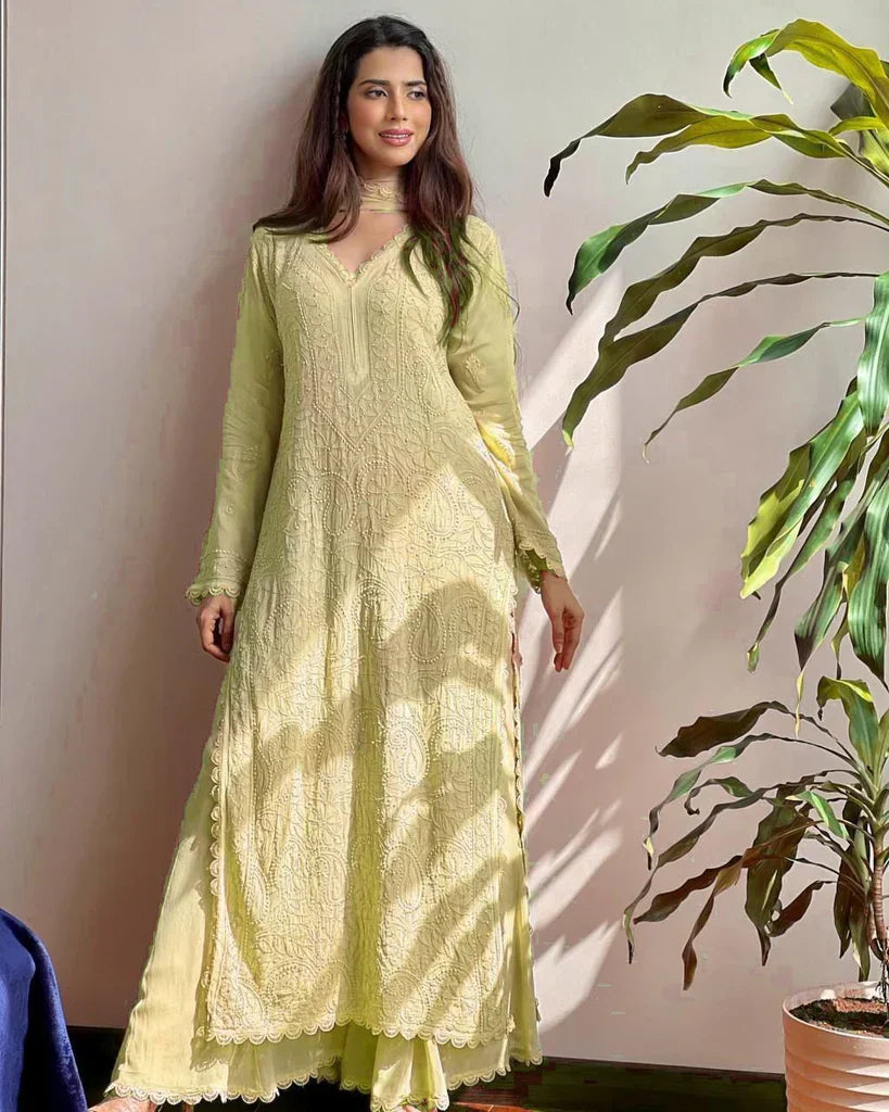 Aanya Yellow Georgette Chikankari Kurta Palazzo Set