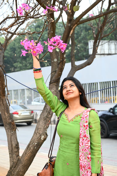 Parrot green Pure Kota hand embroidered  Kurta Set