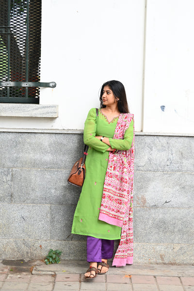Parrot green Pure Kota hand embroidered  Kurta Set