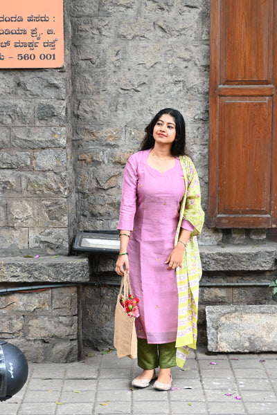 Purple Pure Kota hand embroidered Top and mul checks cotton Dupatta with Bottom