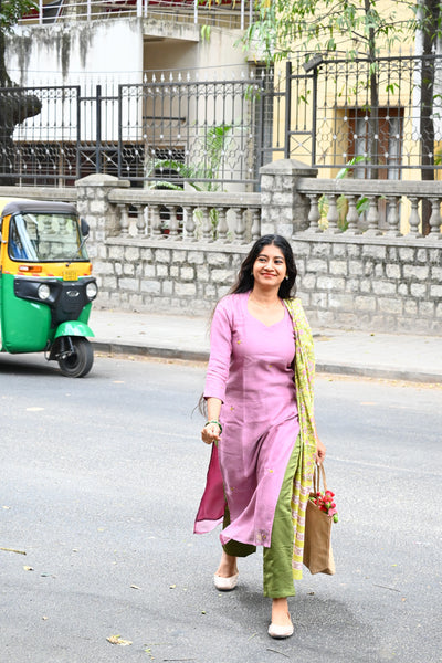 Purple Pure Kota hand embroidered Top and mul checks cotton Dupatta with Bottom