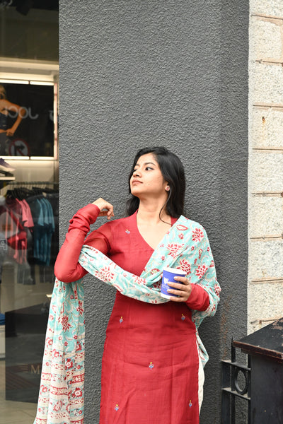 Red Pure Kota hand embroidered Top and mul checks cotton Dupatta with Bottom