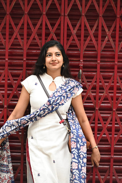 White Pure Kota hand embroidered Top and mul checks cotton Dupatta with Bottom