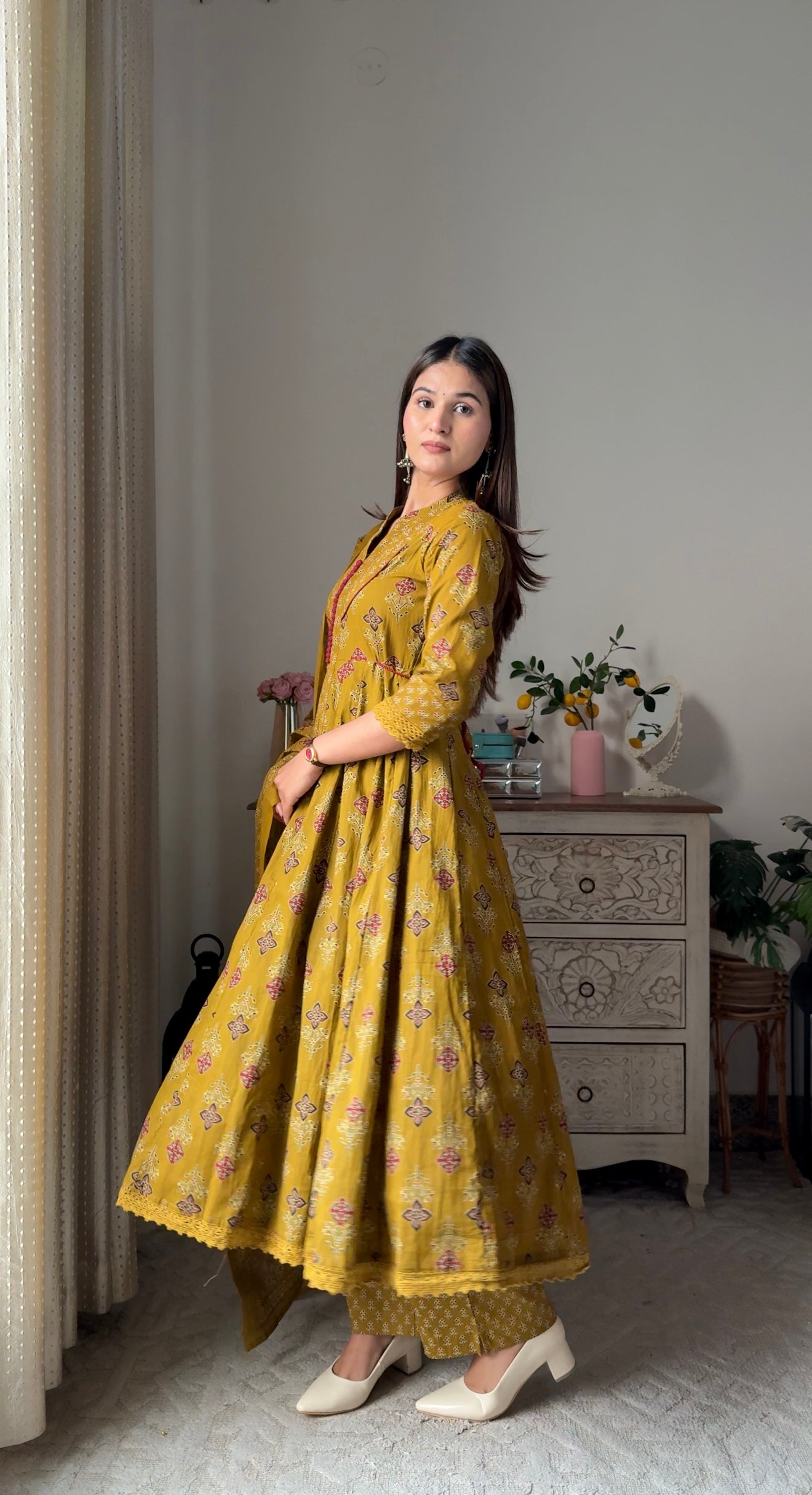 Sritika yellow Cotton Anarkali Suit Set