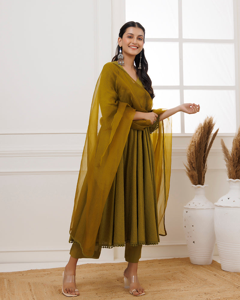 Baisa Olive Green Schiffili Anarkali Suit