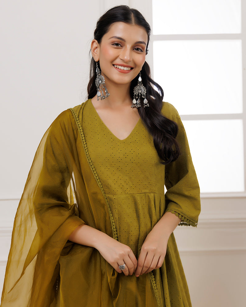 Baisa Olive Green Schiffili Anarkali Suit