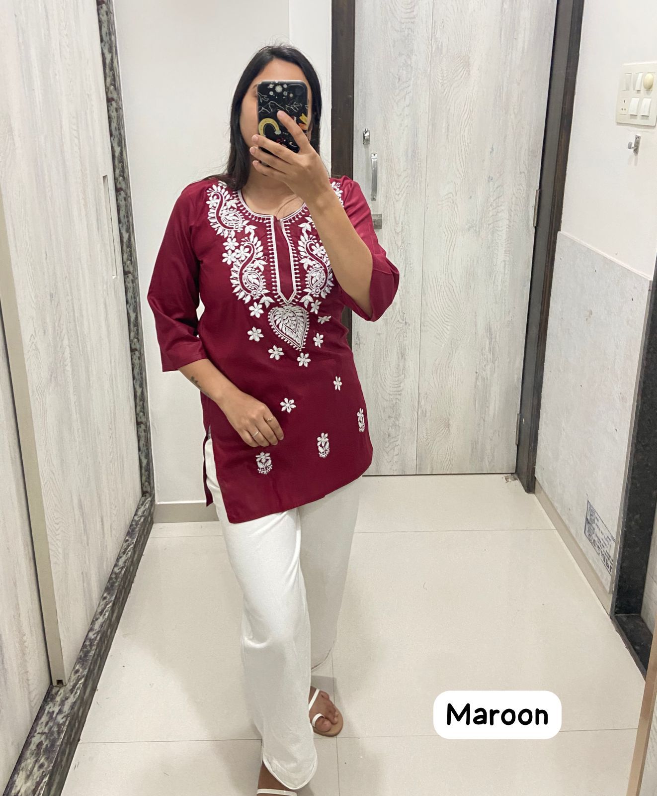 Ira Maroon Chikan Cotton Top