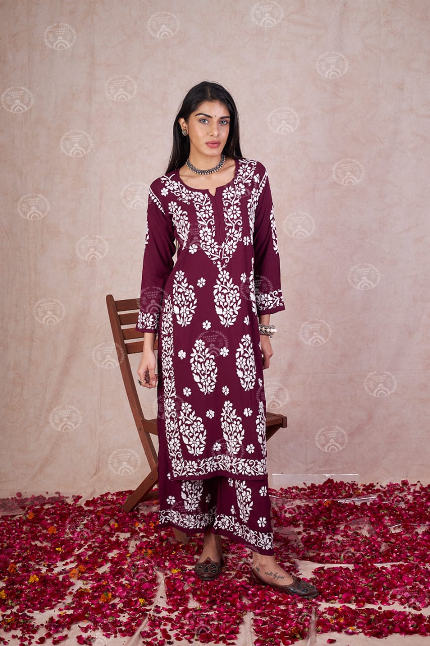 Bansari Maroon Chikankari Kurti Pant Set