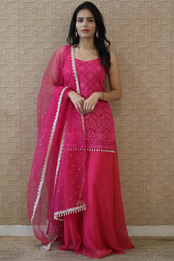 Yashvi Pink Embroidered Georgette Kurta Sharara Set