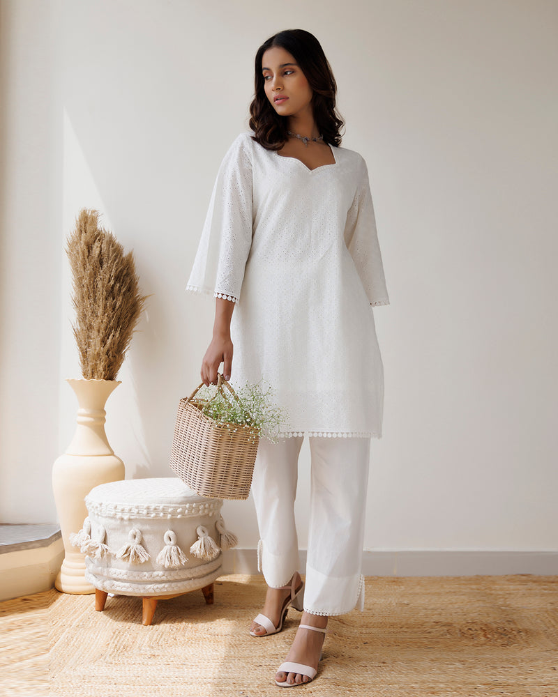 Ivory Schiffli Cotton Kurta & Pant Set