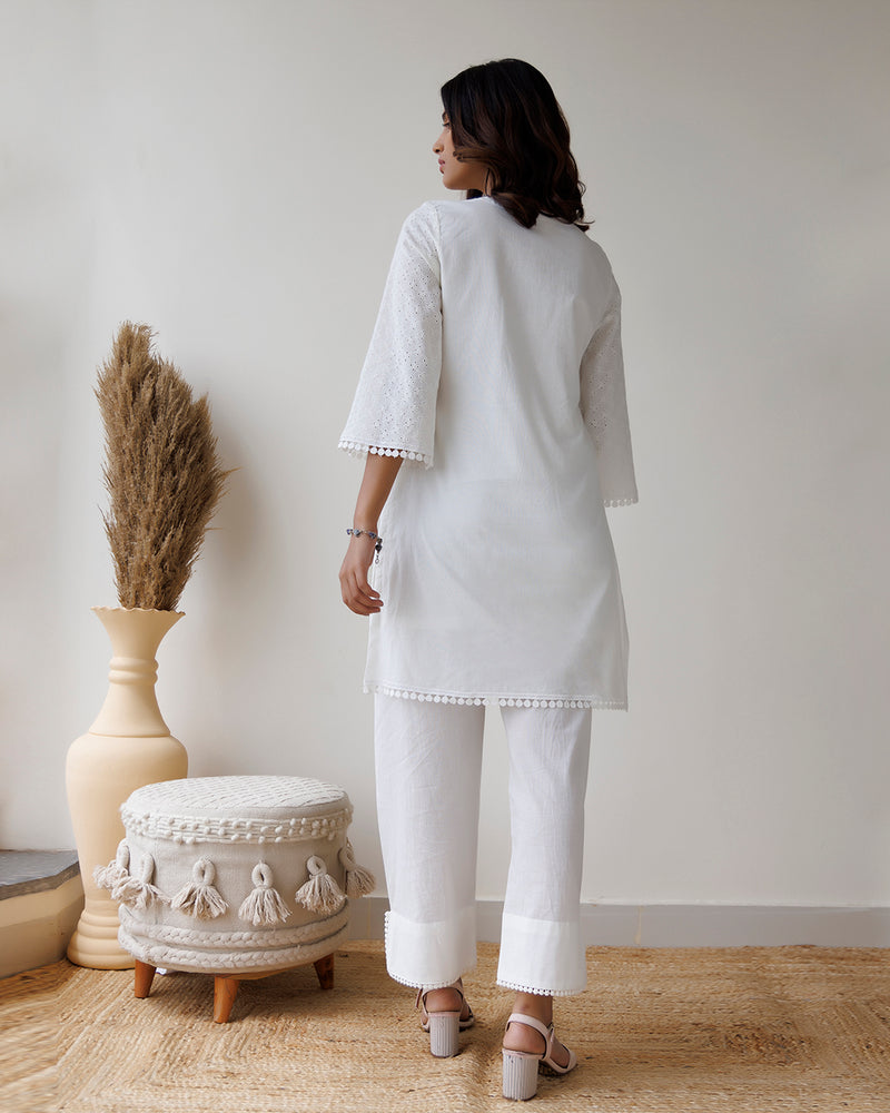 Ivory Schiffli Cotton Kurta & Pant Set