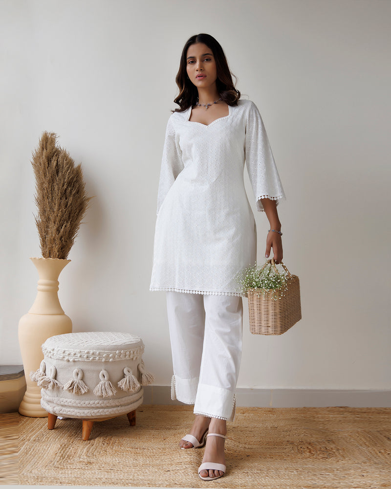 Ivory Schiffli Cotton Kurta & Pant Set