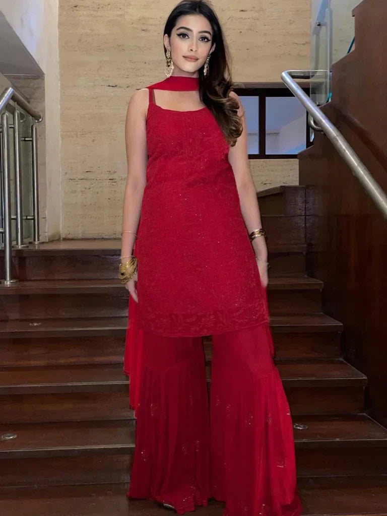 Alya Red Georgette Chikankari Gharara Set