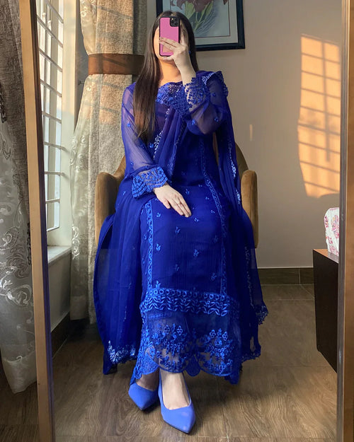 Aalina Navy Delight Chiffon Embroidered 4PC Dress