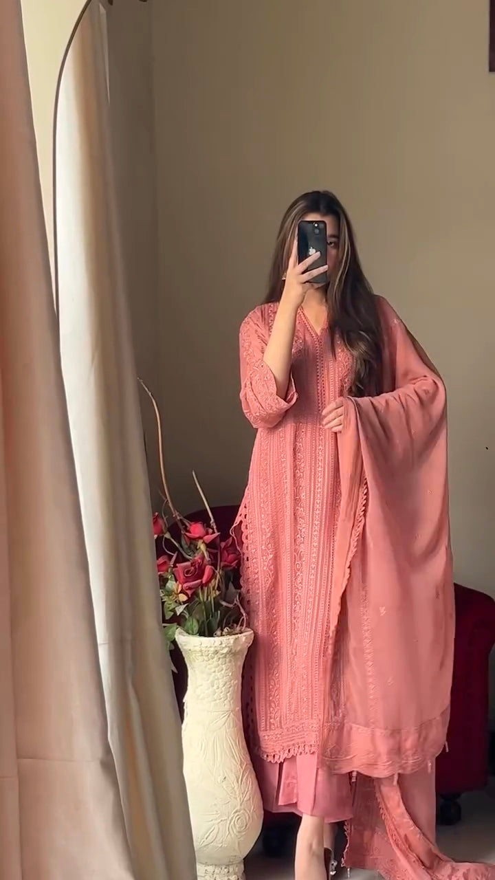 Aarohi Peach Embroidered Top Palazzo Set