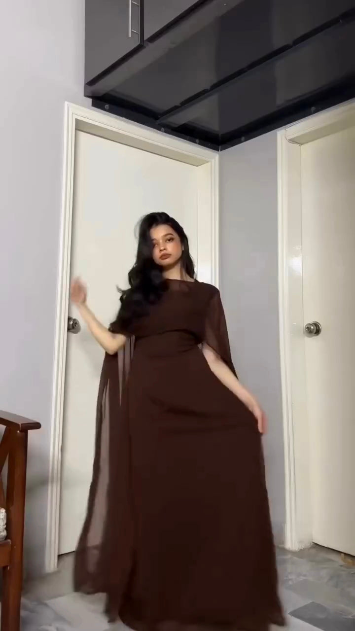 Aarvi Rich Brown Georgette Cape Dress