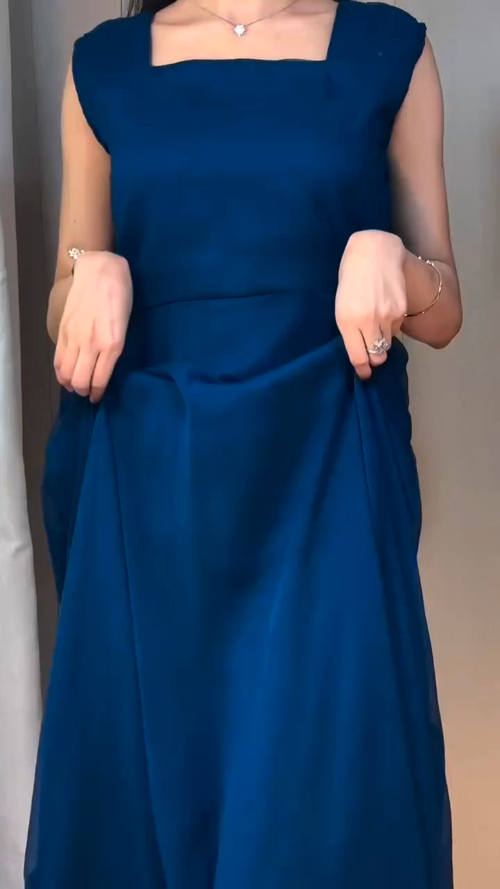 Bela Navy Blue Georgette Cape Dress