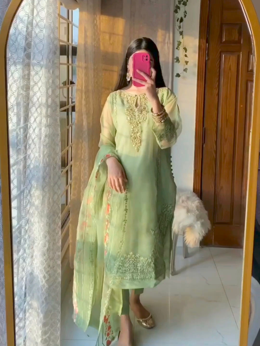 Urmila Pista Green 4-Piece Stitched Organza Dress