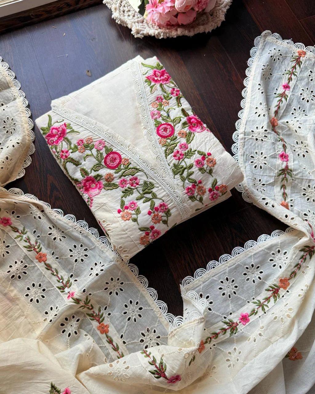 Oorja Ivory Kora Cotton Embroidered Suit