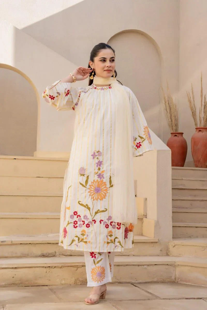 Noor Ivory Cotton Embroidered Suit