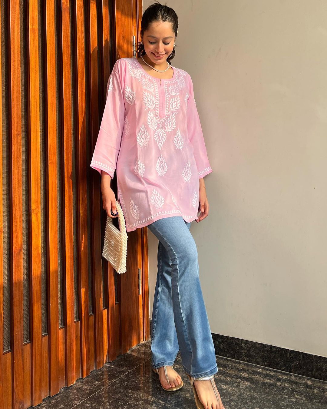 Alya Pink Chikan Rayon A-Line Kurti