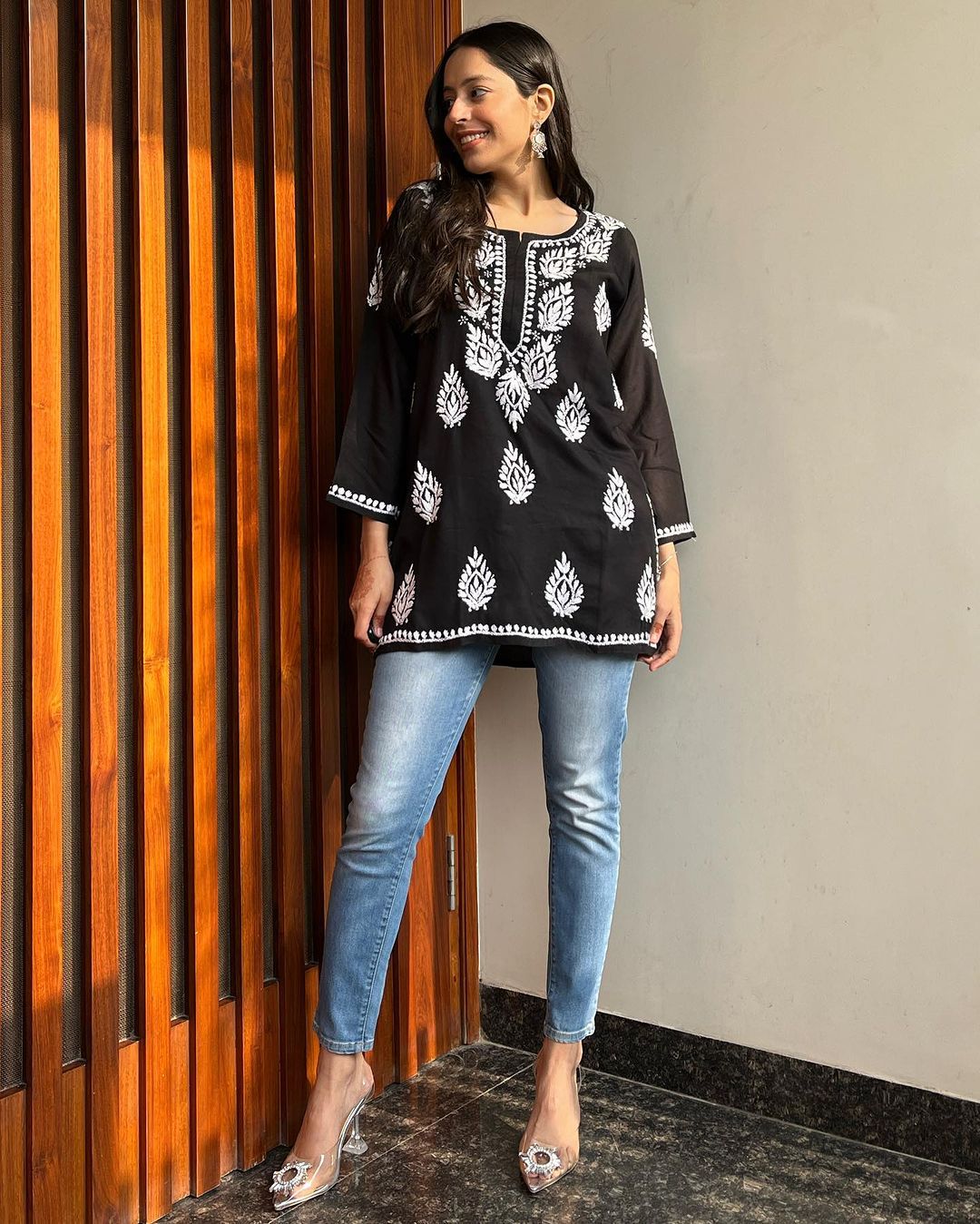 Zoya Black Chikan Rayon A-Line Kurti