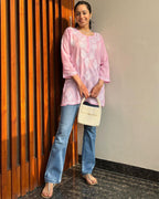 Alya Pink Chikan Rayon A-Line Kurti