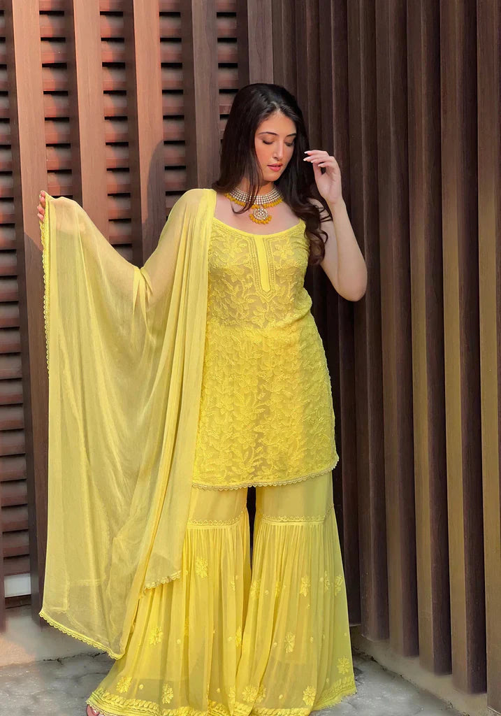 Aaira Yellow Chikankari Gharara Set